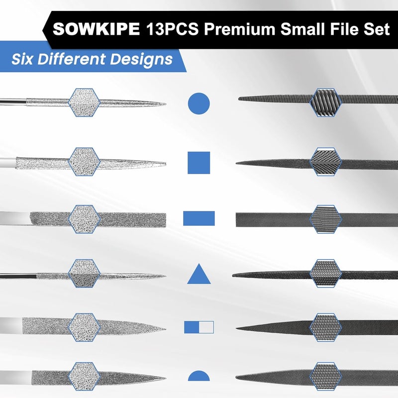 SOWKIPE 13Pcs Premium Small File Set, 6 Diamond Files, 6 Steel Files, Cleaning Brush & Carrying Case for Wood, Plastic, Jewelry, Leather, DIY - Image 2